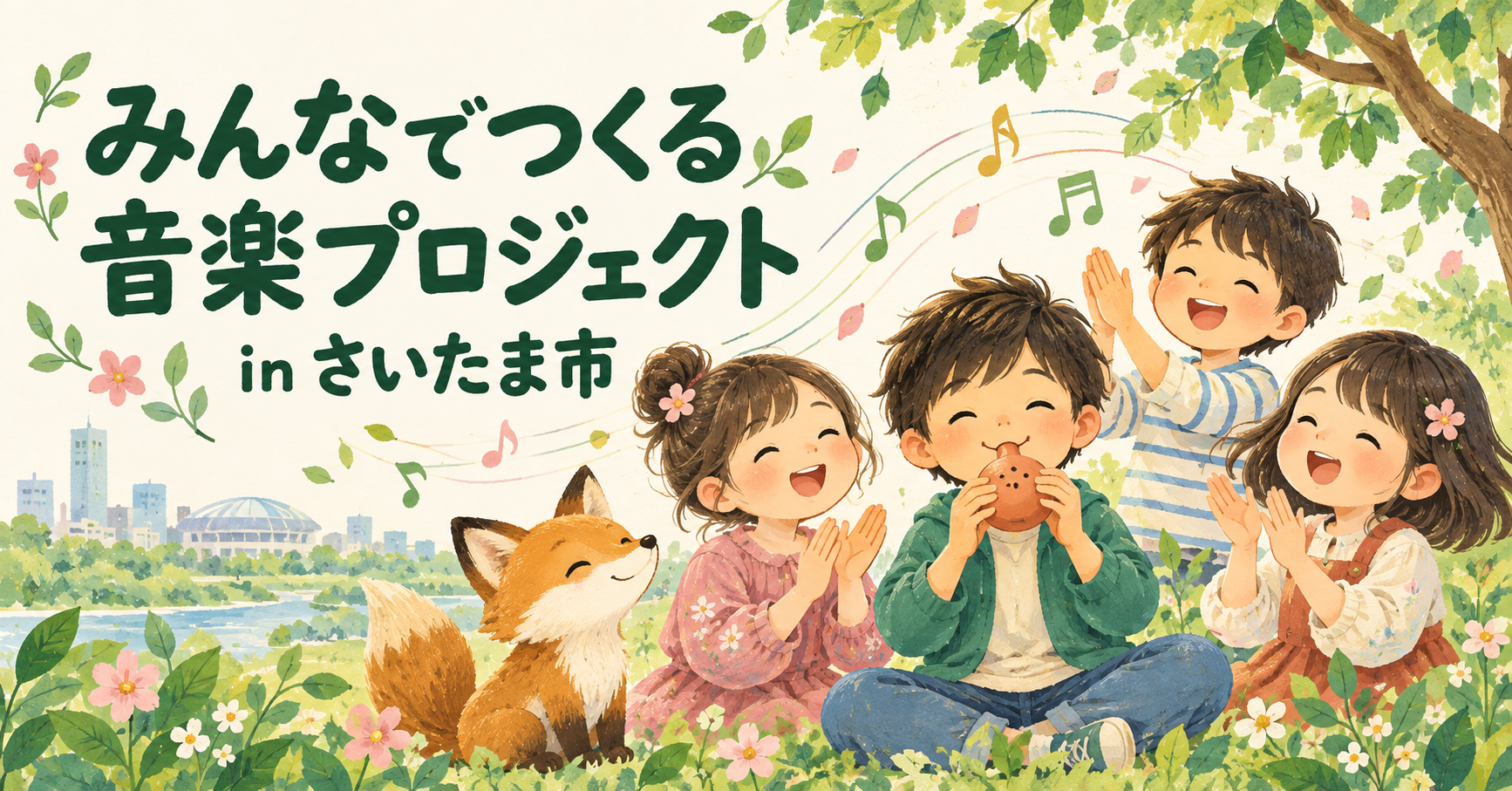 子どもたちときつねが、土ぶえや歌、手拍子で音楽を楽しむイラスト